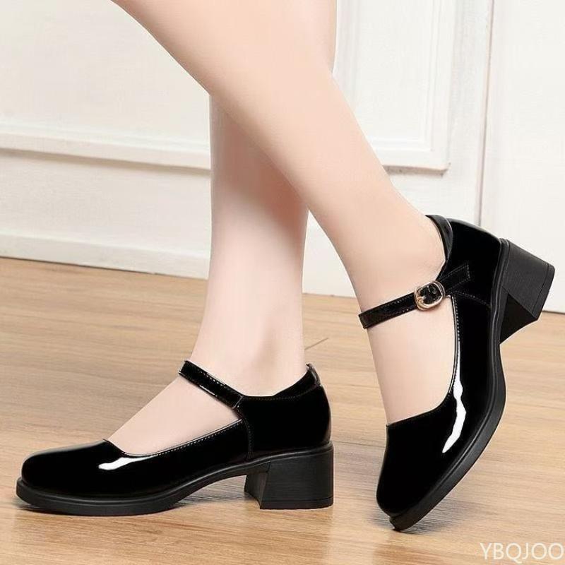 Square buckle thick heel women's shoes summer new women's fashionable versatile shallow mouth shoes elegant simple high heels