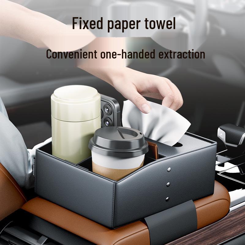 High-End Multifunctional Car Console Storage & Cup Holder with Tissue Box