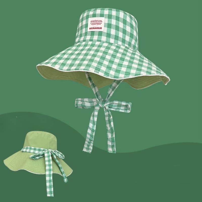 

Женская летняя корейская панама в клетку на шнуровке, с широкими полями, двусторонняя, для защиты от солнца, для путешествий на открытом воздухе