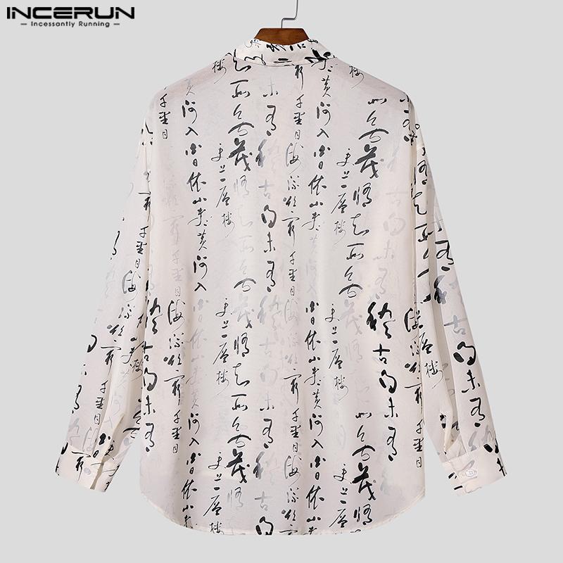 INCERUN Oversized Vintage Men Long Sleeve Print Semi-Sheer Tops T-shirts