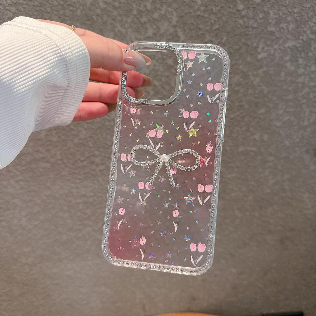 Full-Frame Gradient Floral Rhinestone Phone Case for Apple 17 Pro Max with Bow (Clear, Fits 14/13/12)