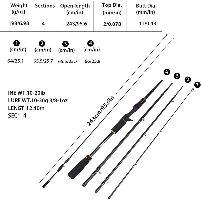 Baitcasting Fishing Combos Set Carbon Fiber 4 Section  Power Casting Rod 9+1 BB Bass Fishing Tackle
