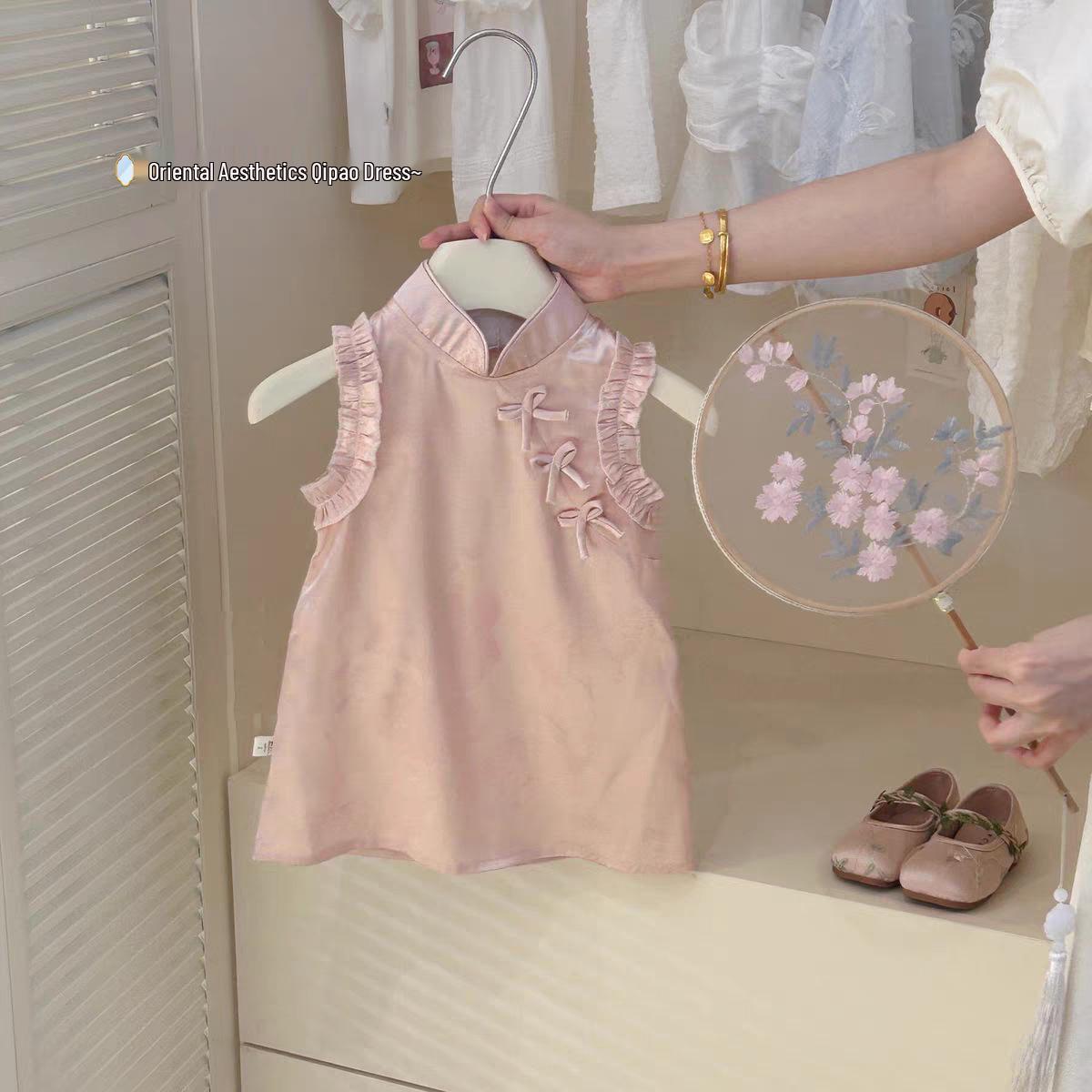 

Летнее платье ханьфу ципао для девочки одного года - Модный наряд в китайском стиле на день рождения 90 розовый