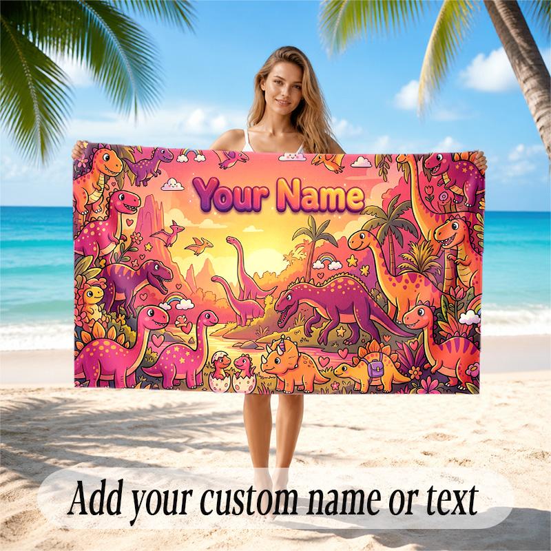 Dinosaur Theme Quick Dry Beach Towel Custom Name Text Print Large Sand Resistant Towel Beach Vacation