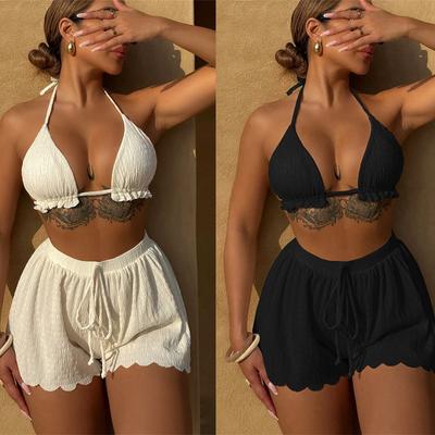 Women’s Sexy Solid Color Bathing Suit Halter Thong Bikini Swimsuit with Shorts, Three-Piece Swimwear Set