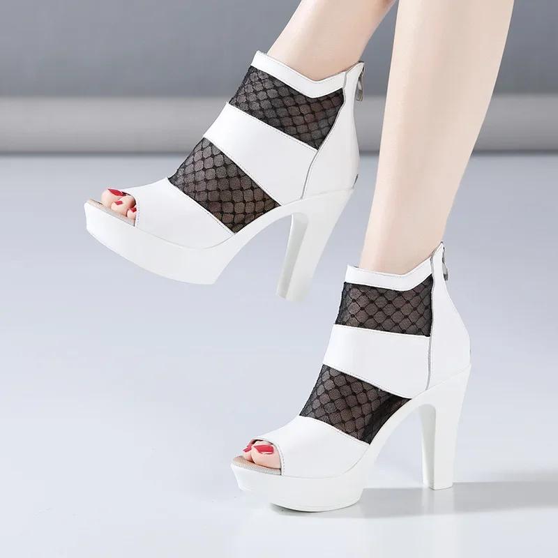 8cm 10cm Small Size 32-43 Mesh Leather Shoes Platform Sandals 2025 Summer Block High Heels Gladiator Sandals Office Model