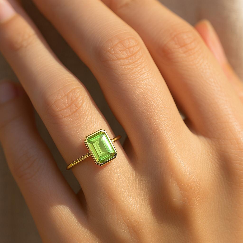 Emerald Cut Green Peridot Stone Gold Plated Ring for Women – Elegant Fashion Jewelry
