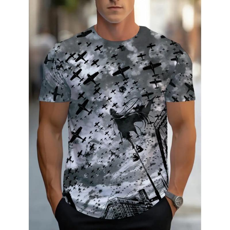 Men s 3D Airplane Cross Full-Body Print T-Shirt - Aviation-Themed Hot Transfer Graphic Tee, S