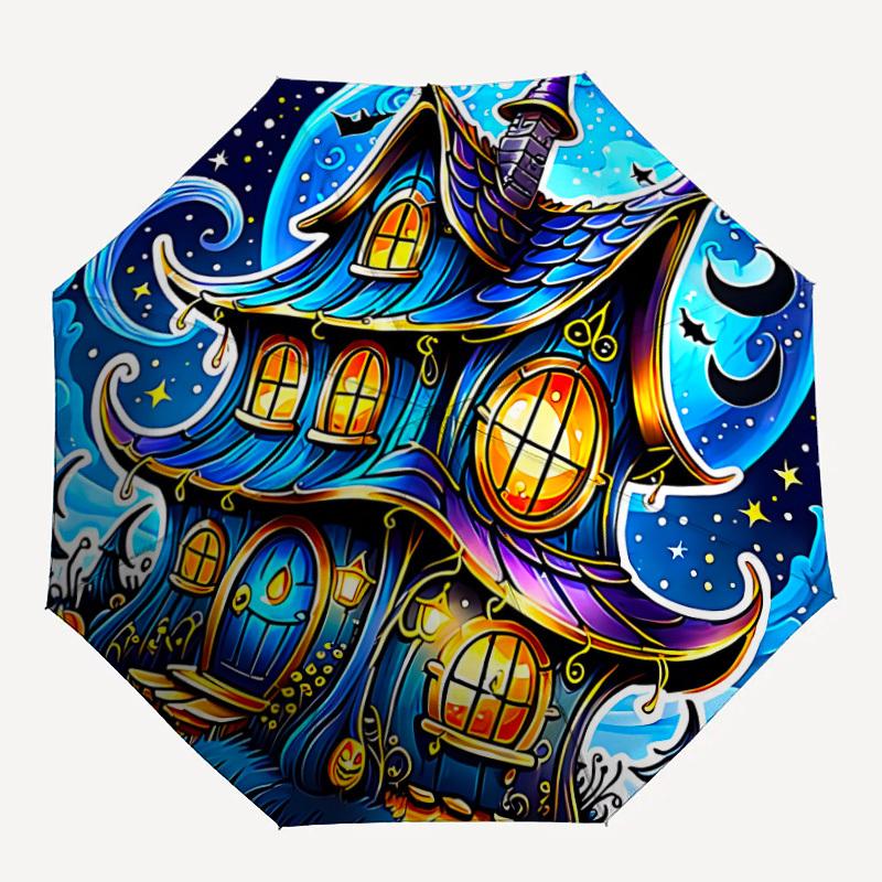 

1pc Halloween Haunted House Automatic Folding Umbrella Compact Lightweight Travel Umbrella with 8-Rib Sturdy Frame, Windproof & Self060