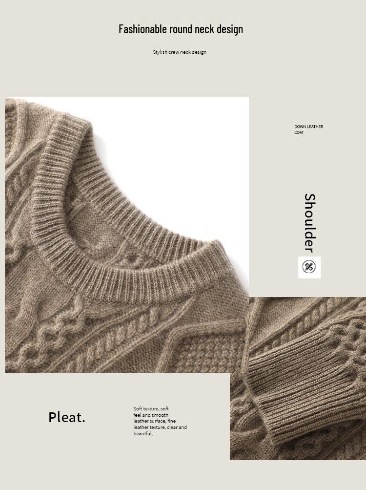 Women's Retro Loose Cable Knit Cashmere Sweater - Round Neck, High-End Texture, Autumn/Winter Base Layer.