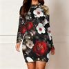 2025 Autumn and Winter New 3D Flower Print and Dyeing Women's Fashion Long-sleeved Round Neck Hip-wrapped Dress Valentine's Day Limited