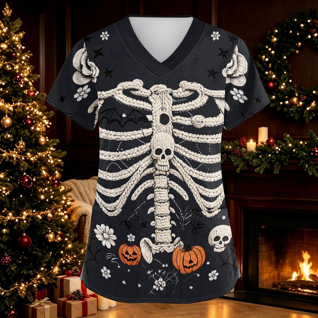 Women's Halloween V-Neck Short Sleeve Printed Caregiver Uniform Top with Pockets