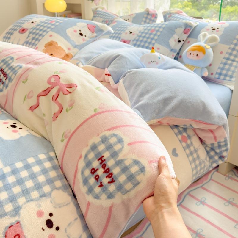 Thickened Milk Fleece Four-Piece Set Double-Sided Fleece Quilt Cover Coral Flannel Bed Sheet Quilt Cover Three-Piece Set Of Bed Hat