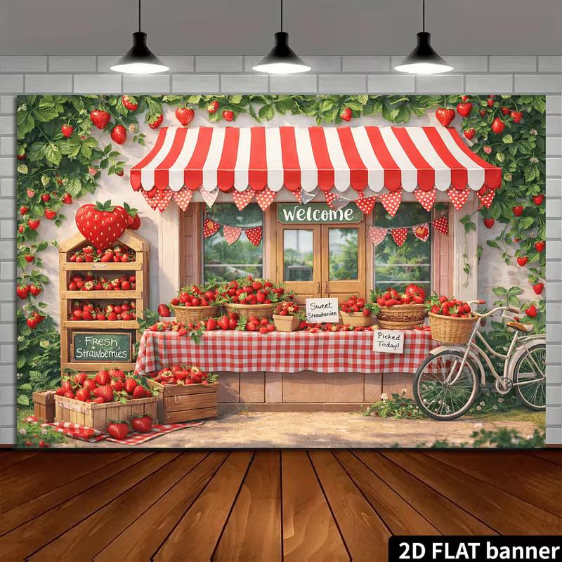 2D Summer Fruit Party Background Cloth Strawberry Shop Banner for Outdoor Decor