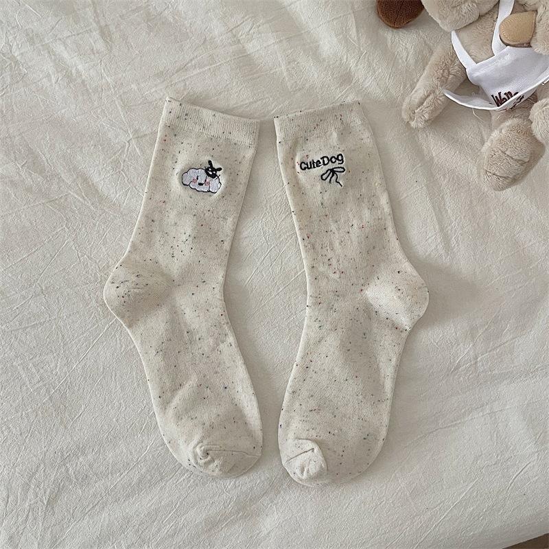 Autumn Ab Side Embroidery Animal Bow Cartoon Cotton Socks Dot Gauze Pile Socks Women'S Socks