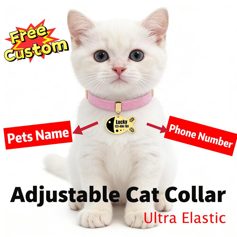 Personalized Free Customized Cat Collar Cute Fish Metal Necklace Pet ID Name Tag GPS Tracker Kitten Dog Breakaway Elastic Collar