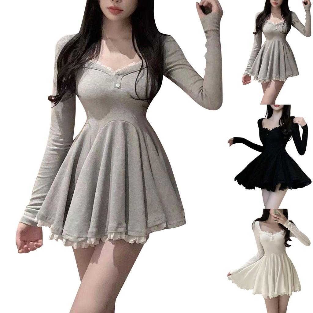 Seksowna damska sukienka typu księżniczka z długimi rękawami i koronkowymi brzegami