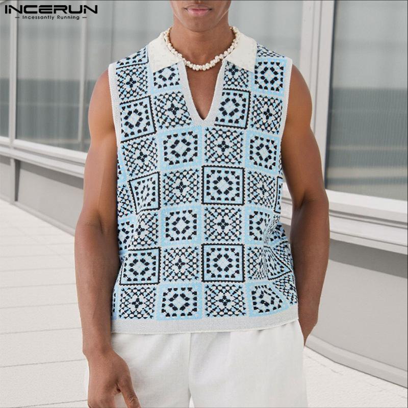 INCERUN Men Lapel Sleeveless Plaid Print Casual Thin Loose Tank Tops