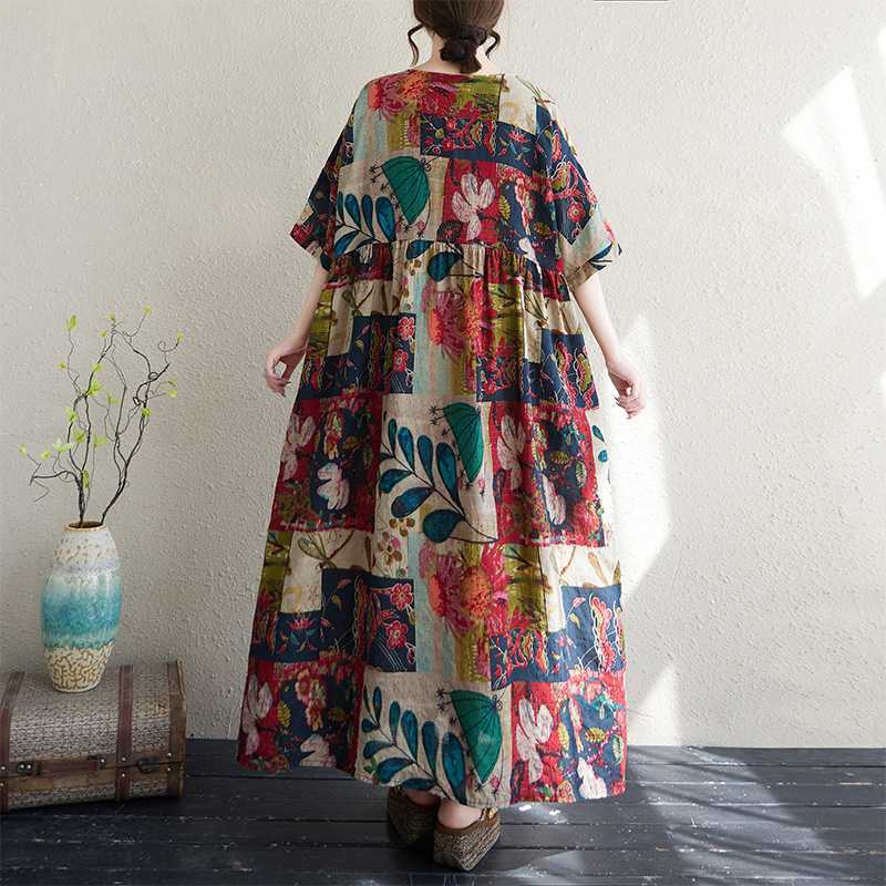 Thin Cotton and Linen Round Neck Short Sleeved Retro Long Skirt for Long Women