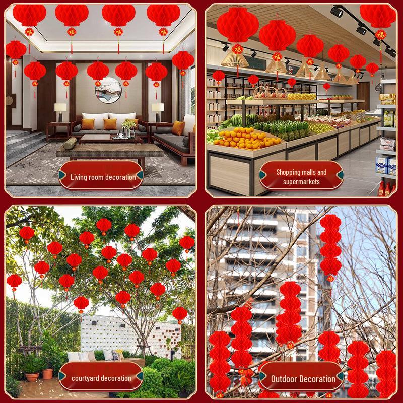 Foldable Thickened Plastic Paper Lanterns - Festive Small Red Honeycomb String for Wedding and New Year Decorations.