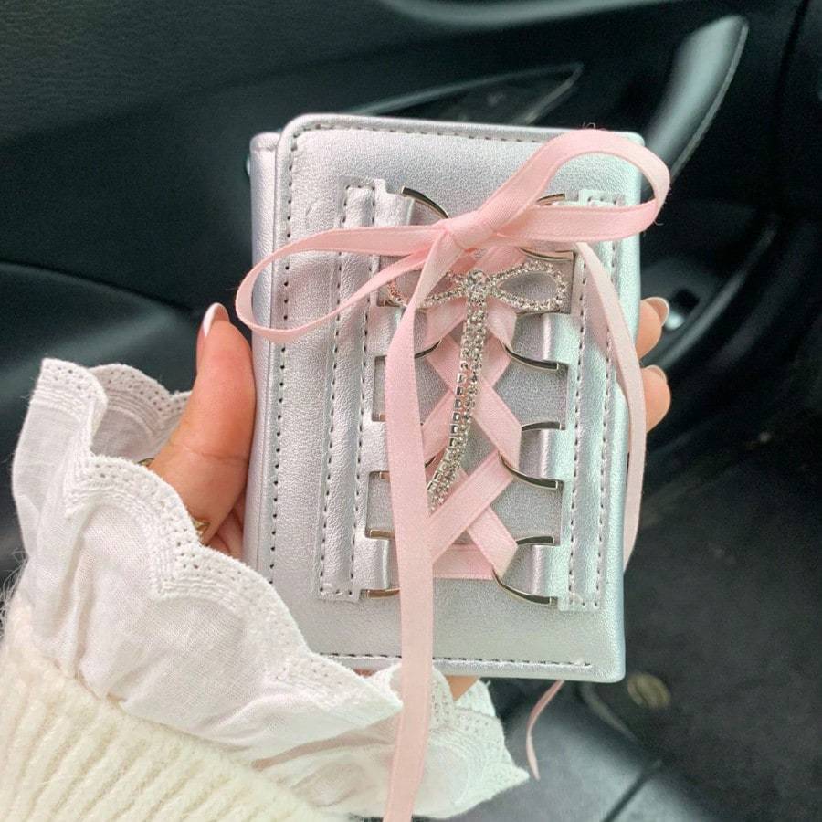Sweet Style Lace Bowknot Short Wallet For Women Button-Up Trifold Card Holder Wallet Mini Wallet Purse Wallet Small Wallet Cute Wallet
