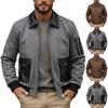Men's Casual Leather Full Zip Stand Collar Long Sleeve Jacket with Patchwork Retro