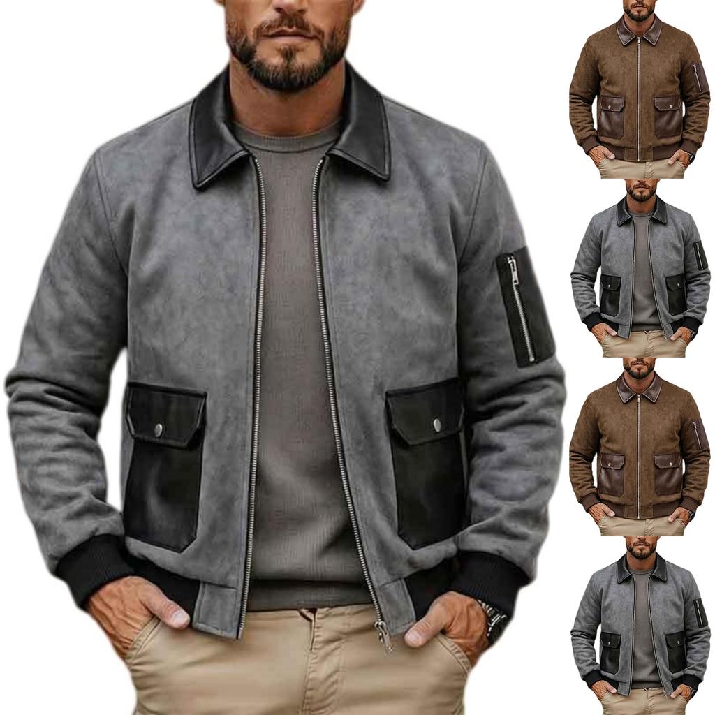 Men's Casual Leather Full Zip Stand Collar Long Sleeve Jacket with Patchwork Retro