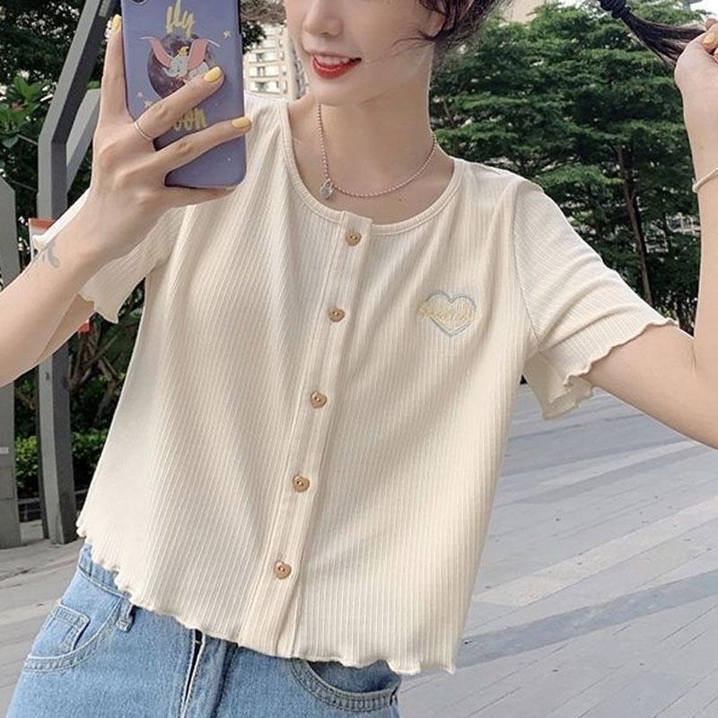 Summer Short Sleeve T-shirts Korean Loose Basic Female Clothing Fashionable Letter Embroidery Hotsweet Casual O-Neck Pullovers