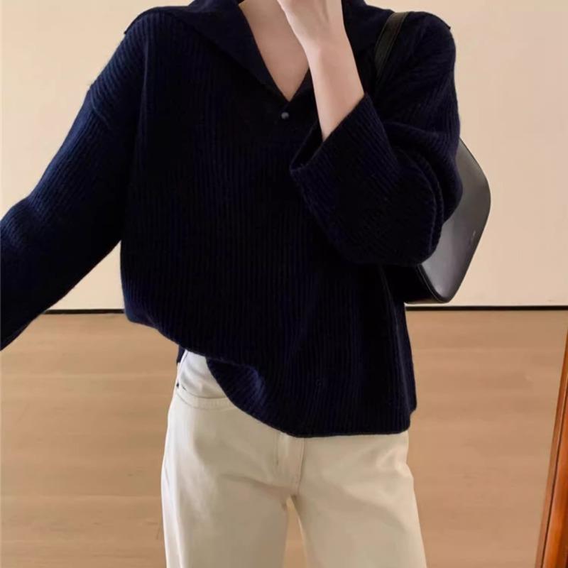 

Свитер с отложным воротником, ленивый ветер, базовая модель, простой осенне-зимний новый вязаный свитер для женщин One size чёрный