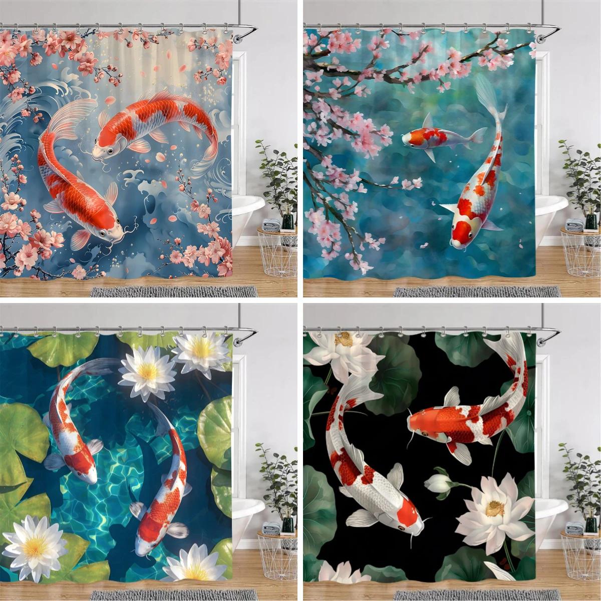 Textile Article Light Japanese Style Shower Curtain Koi Fish Cherry Blossom Sun Sea Wave Octopus Landscape Polyester Fabric Curtains Bathroom Decor