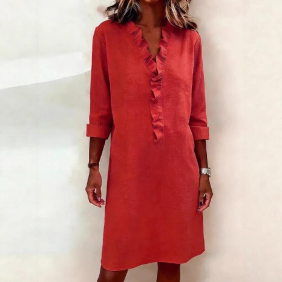 Spring New Fashion Slimming Women's Wood Ear Trim Long Sleeve Cotton Linen Shirt Dress