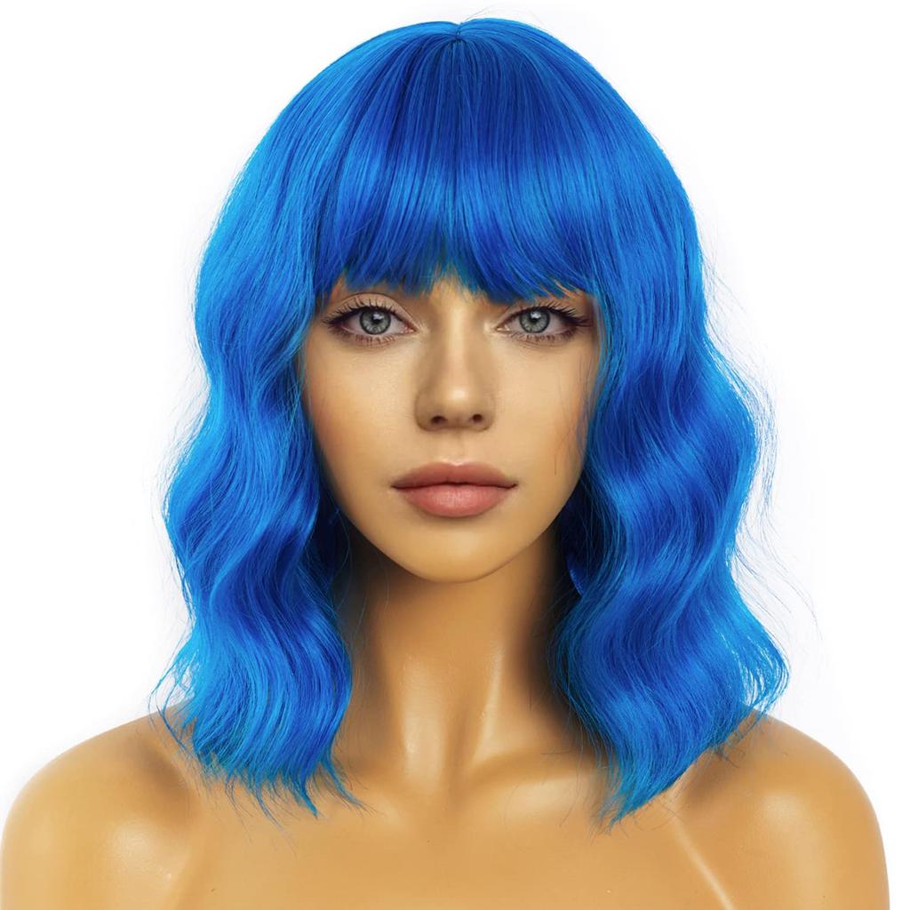 LANCAINI Short Bob Wigs with Bangs for Women Loose Wavy Wig Curly Wavy Shoulder Length Bob Synthetic Cosplay Wig for Girl Colorful Costume Wigs