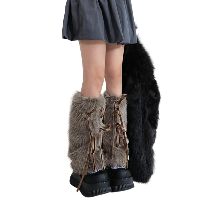JK Mädchen Stiefelmanschetten Beinstulpen Damen Winter Warm Harajuku Süße Schleife Schleifen Flauschiger Plüsch Weißer Stiefelüberzug Lange Socken