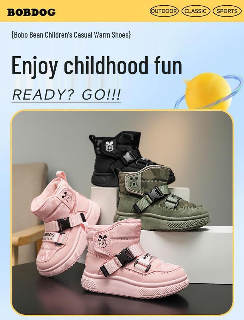 Bobdog High-Top Velvet Winter Snow Boots for Boys - Warm, Casual Children's Cotton Boots