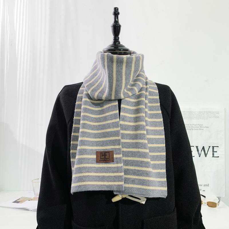 Chic style cute soft sister wool small scarf women's autumn and winter retro horizontal strip Korean version short thickened student scarf
