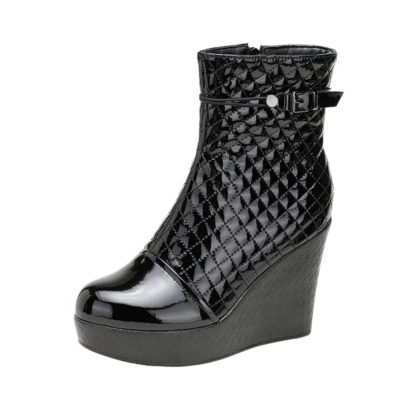 10cm Small Size 33-43 Genuine Leather Boots Women's Platform Wedges Shoes 2025 Winter High Heels Warm Fur Ankle Boots Office Mom