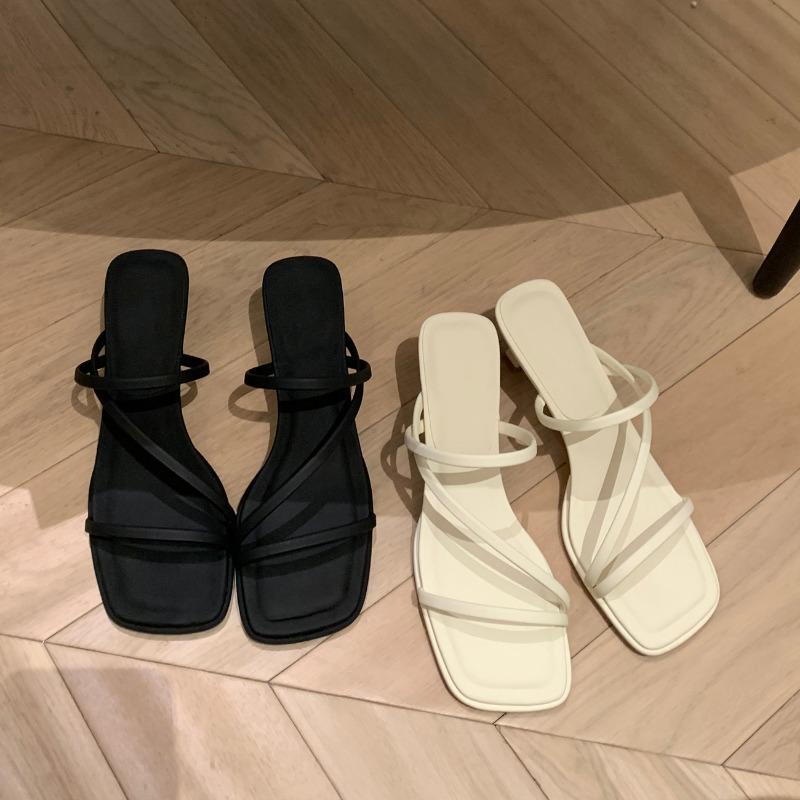 Leather Thin Strap High Heels Square Head Thin Cool Slippers Women's Temperament Sandals