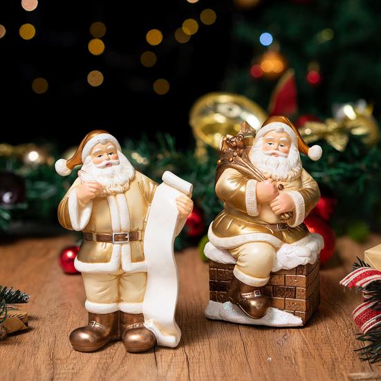 Santa Claus Figurine Small Resin Santa Sculpture with Gift Bag/Wish List for Mantle Bookshelf Tabletop New Year Party Decoration