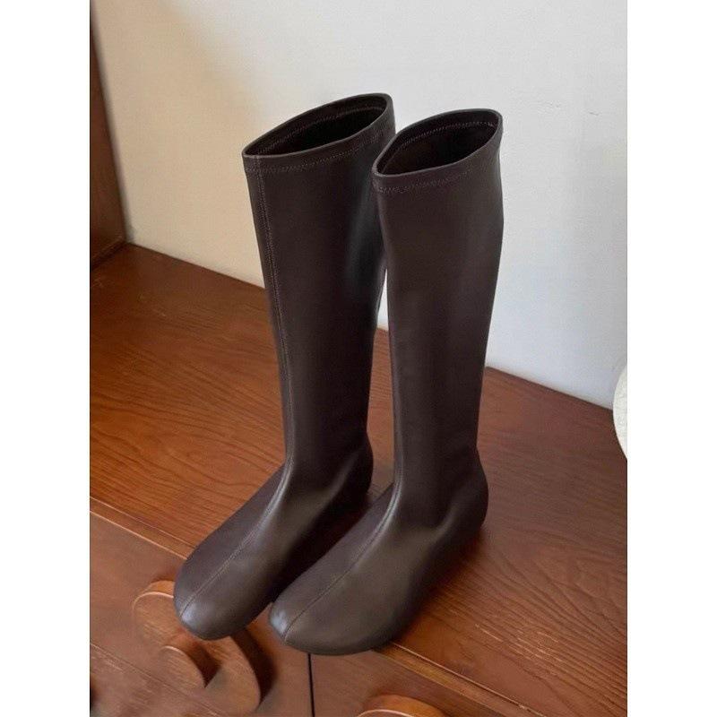 Retro round head long tube elastic boots women's inner height increase outer wear thin boots