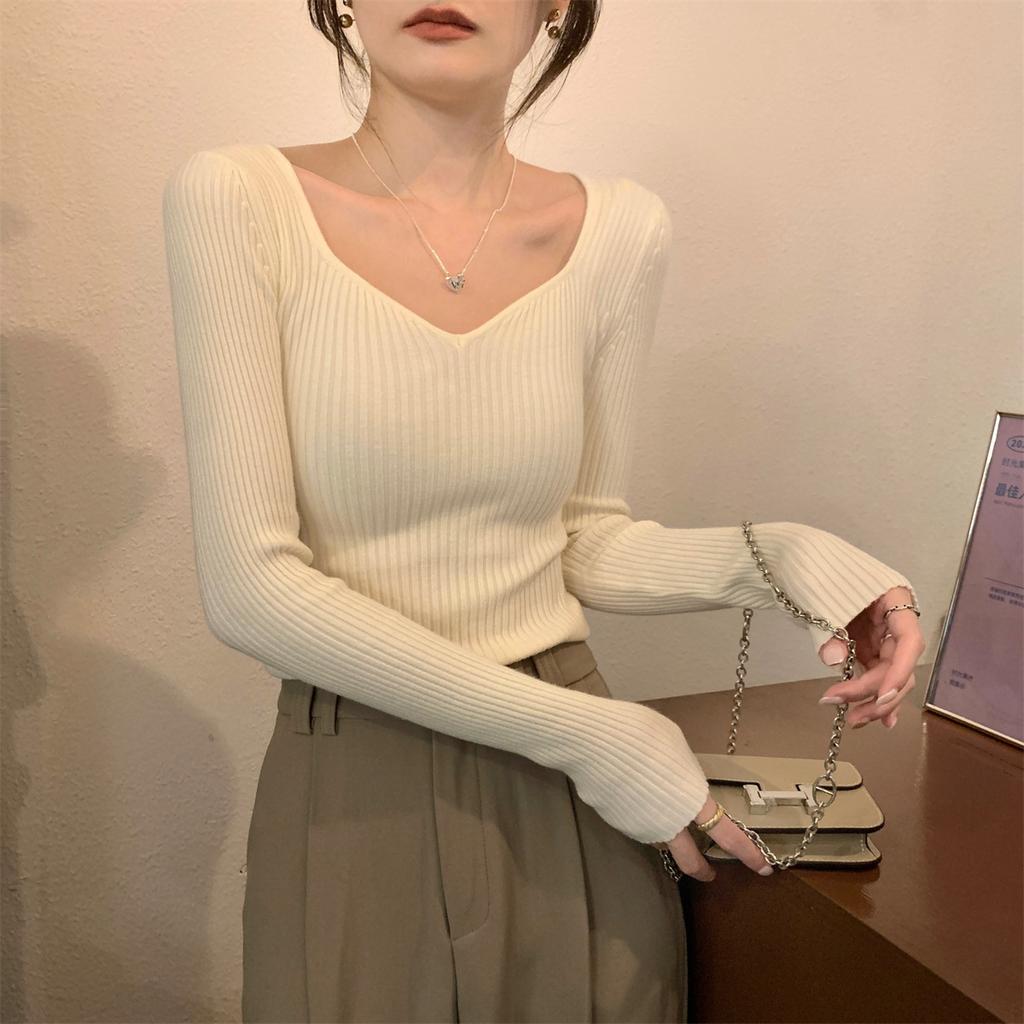 Core-spun Yarn V-neck Peach-neck Sweater Women's Spring, Autumn and Winter Solid Color Shirt Slim-fitting Long-sleeved Inner Chic