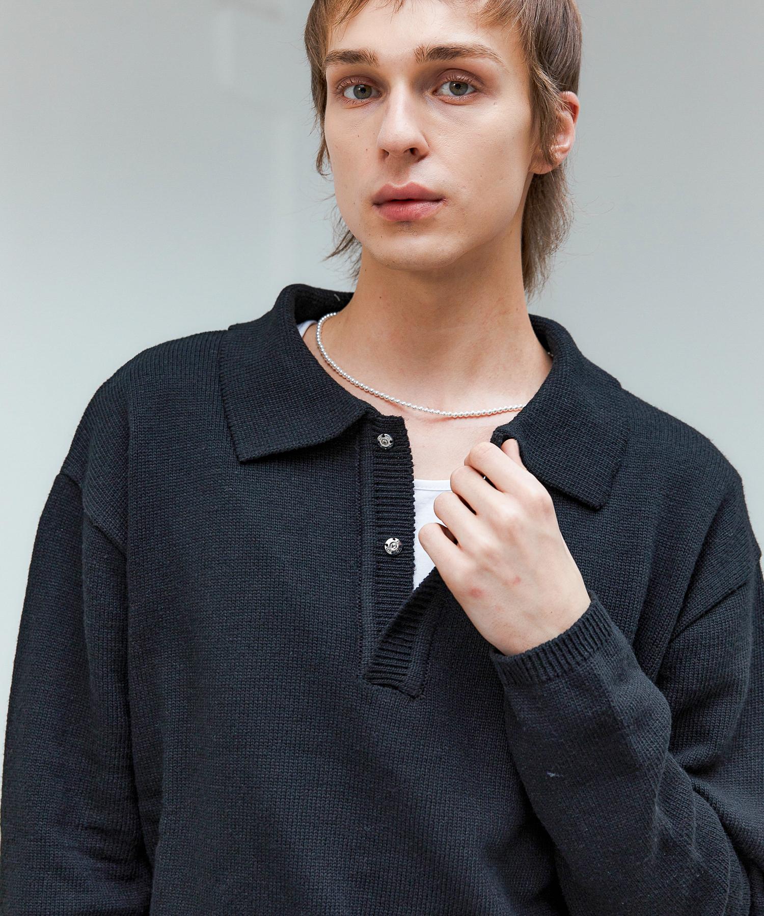 Triple Sense Hidden Snap Collar Knit_Black Black/Free