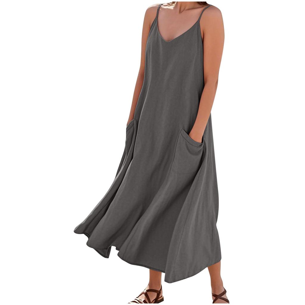 New European and American women's clothing loose casual simple style solid color suspender big pendulum dress women