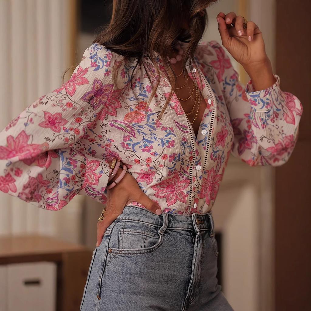 European and American New Printed Top Long-sleeved Shirt Women's 1116 Spring and Summer Temperament Long-sleeved Elegant Shirt