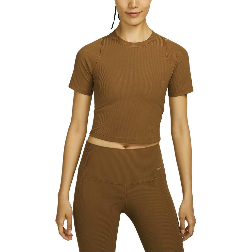 Nike Zenvy Soft Comfortable Sports Breathable Quick-Dry Ribbed Short Sleeve T-Shirt Women Tops Light-British-Brown White HF2773-281