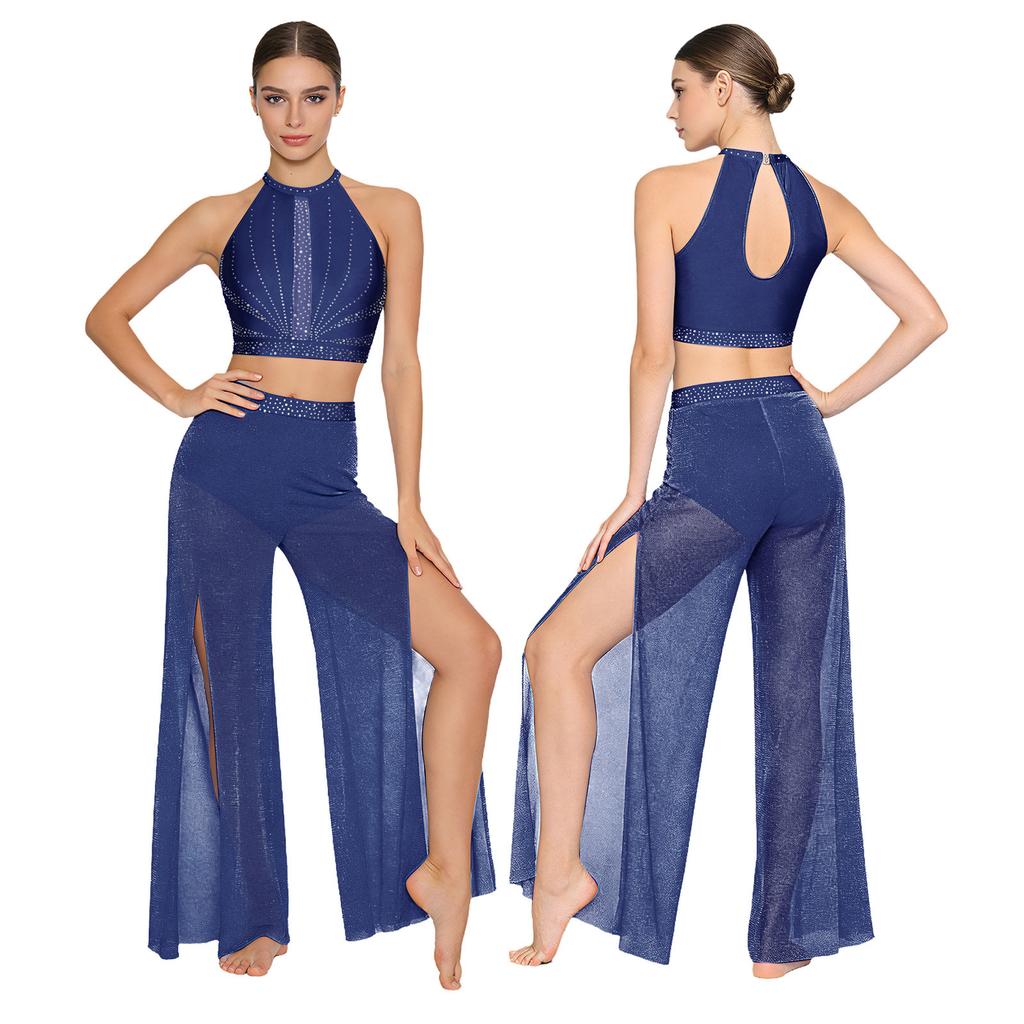 Womens Lyrical Dance Performance Outfit Sequin Hollow-out Tank Crop Top+Built-in Briefs Mesh Pants Modern Contemporary Dancewear