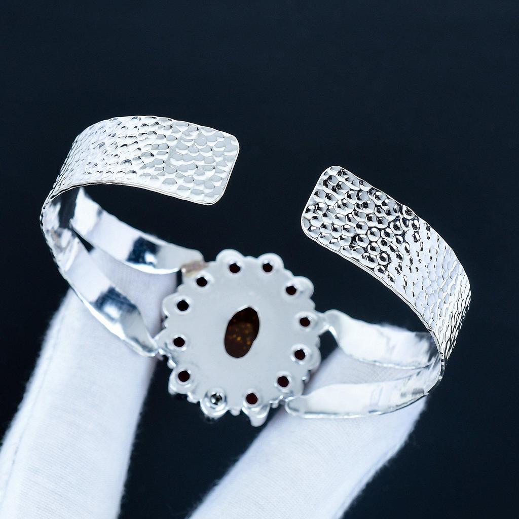 Natural Carnelian Gemstone Handmade Cuff Bangle 925 Sterling Silver Cuff Bangle, Baltic Amber Flower Shape Bracelet For Wife, Unisex Bangle, Gift