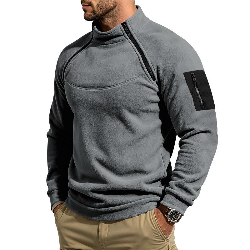 Men's Warm Polar Fleece Stand Collar Sweatshirt Asymmetric Half Zip Long Sleeve Pullover Top with Arm Pocket Outdoor Casual Shirt