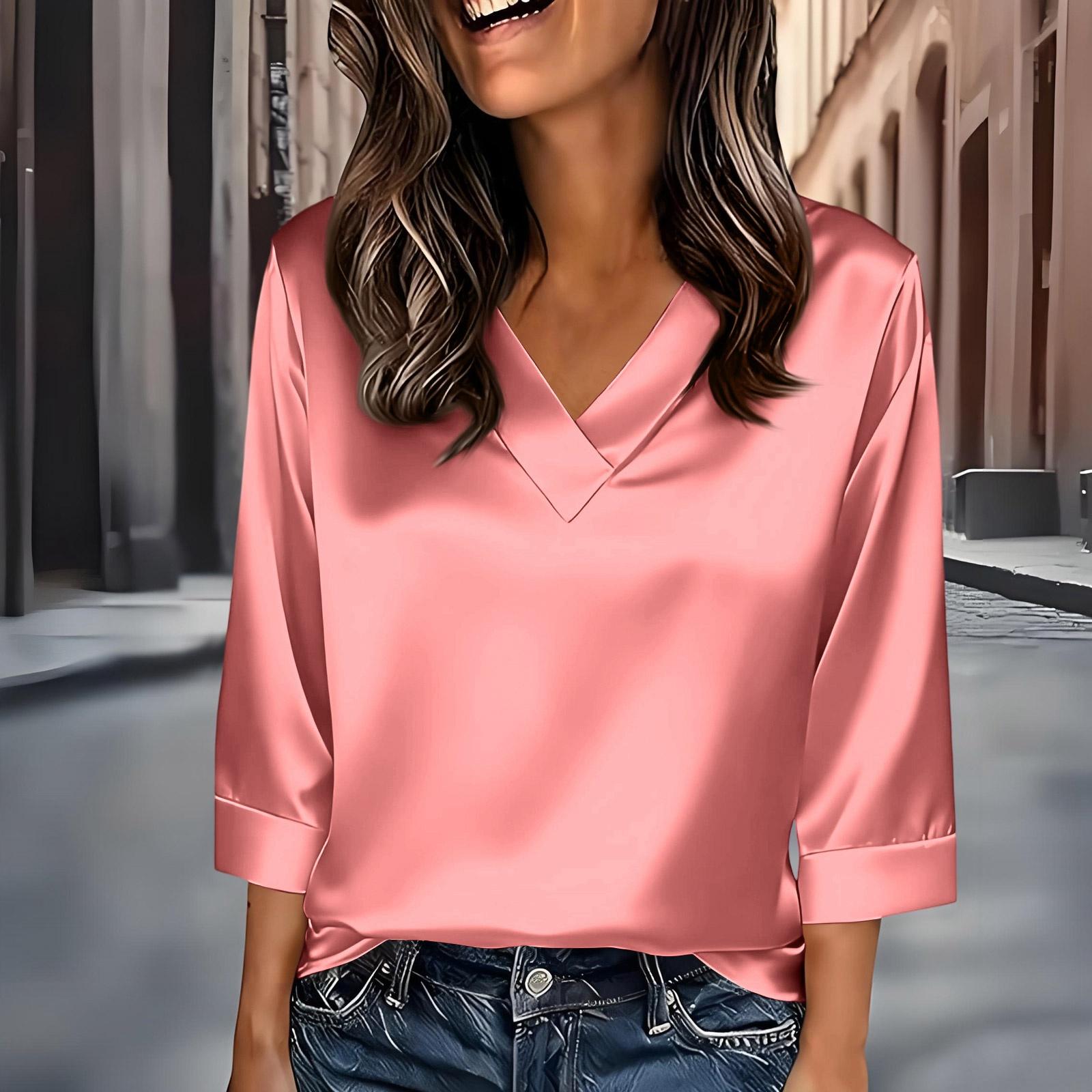 

Womens 3/4 Length Sleeves Shirts V-Neck Satin Color Loose Dressy Trendy T-Shirt Pullover Blouse Tops S кавун червоний колір