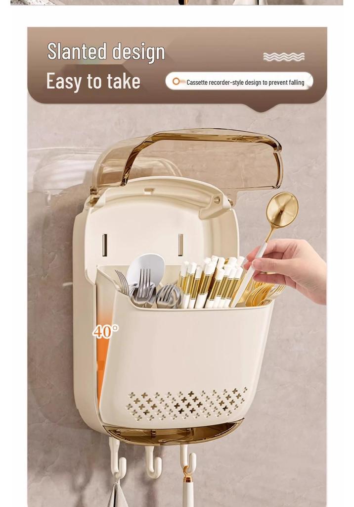Wall-Mounted Chopstick & Spoon Storage Box with Draining Rack - 2026 Model for Home Kitchen