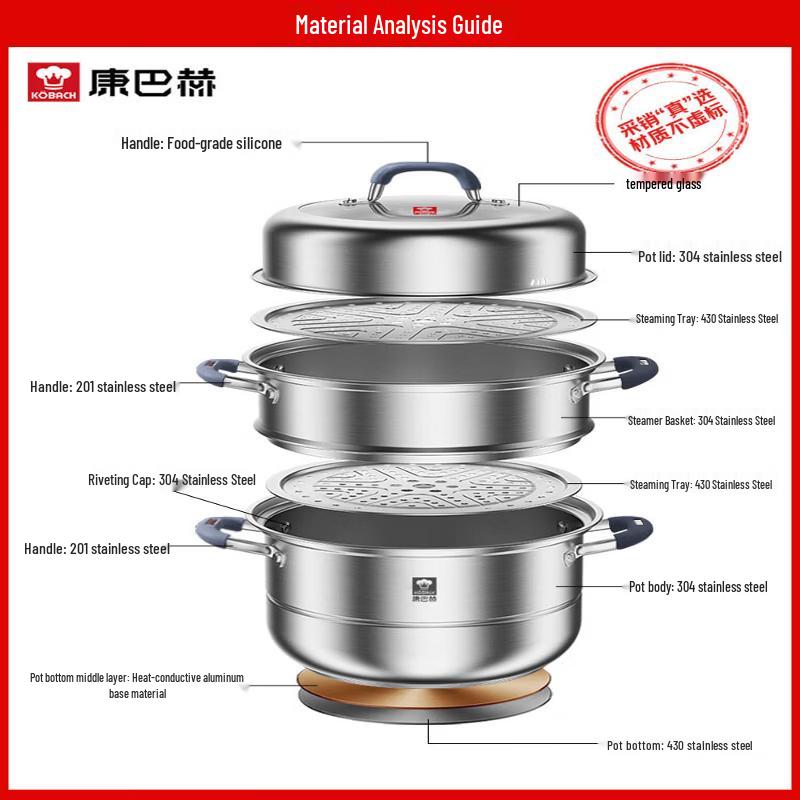 KOBACH 304 Stainless Steel 3-Tier Steamer Pot 30cm